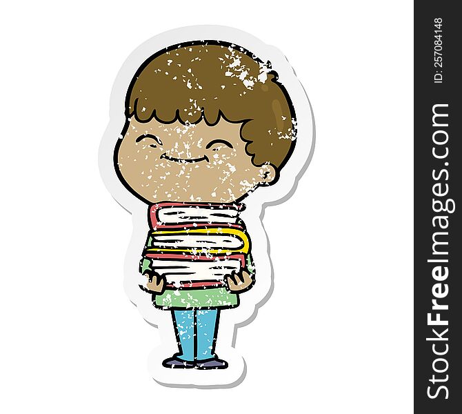 Distressed Sticker Of A Cartoon Happy Boy With Books