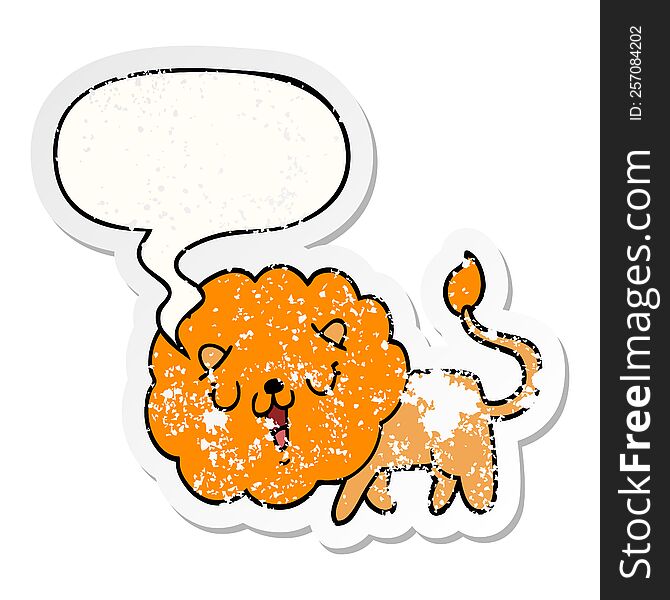 Cute Cartoon Lion And Speech Bubble Distressed Sticker