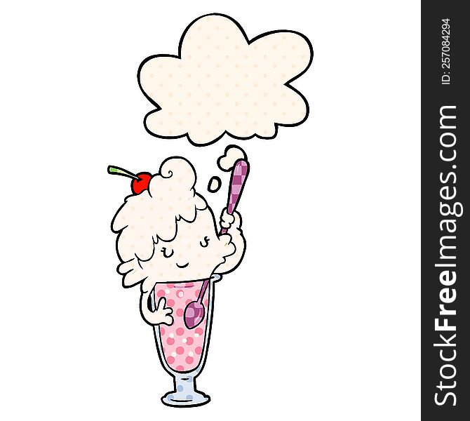 cartoon ice cream soda girl with thought bubble in comic book style