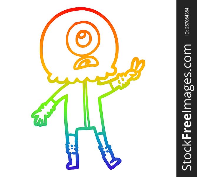 rainbow gradient line drawing of a cartoon cyclops alien spaceman giving peace sign