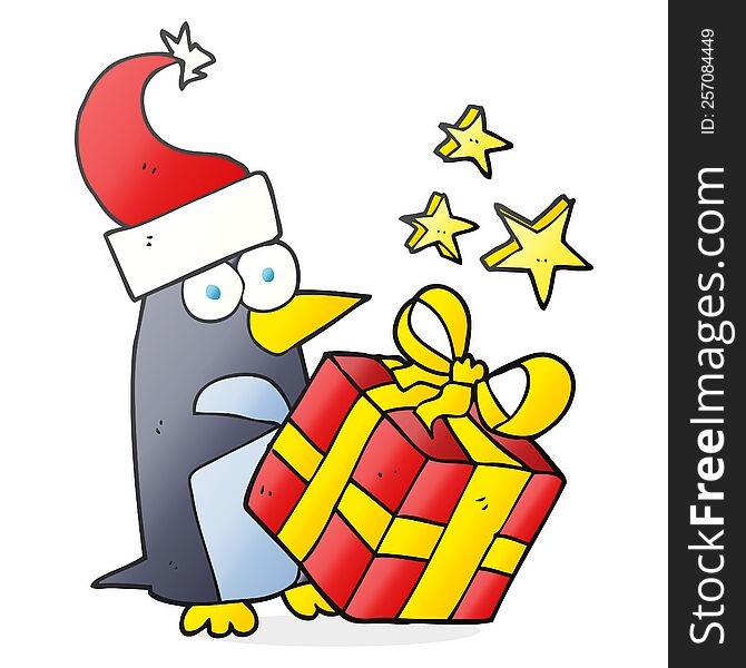 freehand drawn cartoon christmas penguin with present