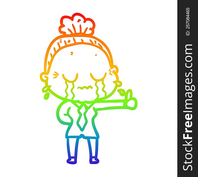 Rainbow Gradient Line Drawing Cartoon Old Woman Crying