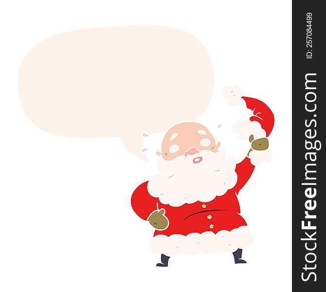 cartoon santa claus waving his hat with speech bubble in retro style