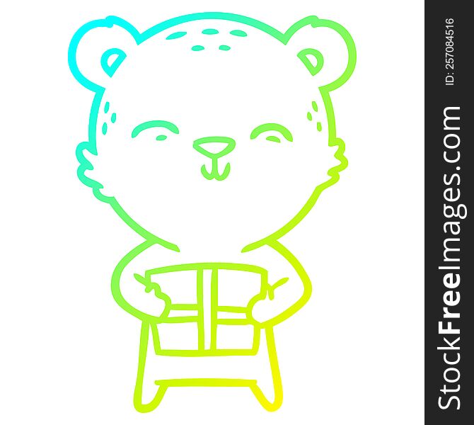 cold gradient line drawing happy cartoon bear with gift