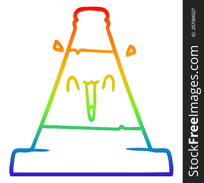 rainbow gradient line drawing of a cartoon road traffic cone