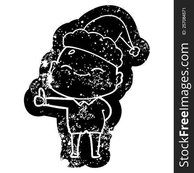 Happy Cartoon Distressed Icon Of A Bald Man Wearing Santa Hat