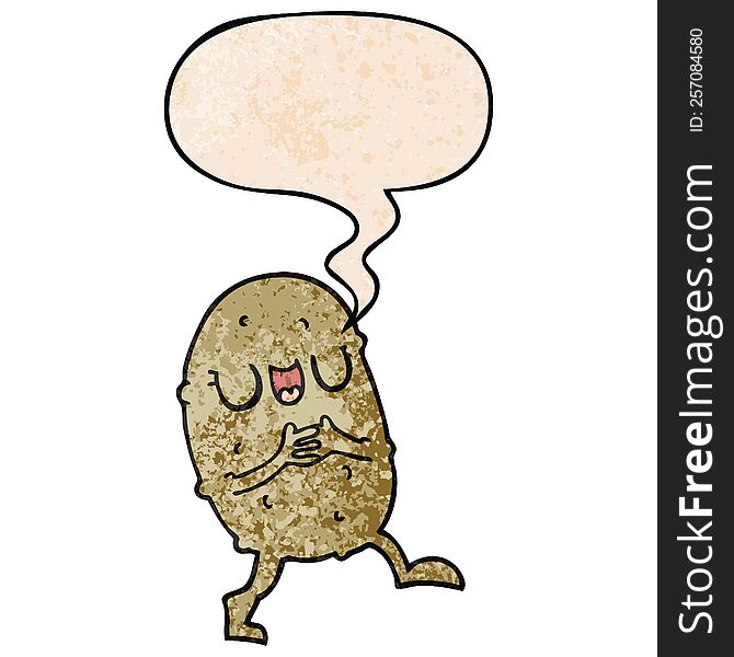 cartoon happy potato with speech bubble in retro texture style