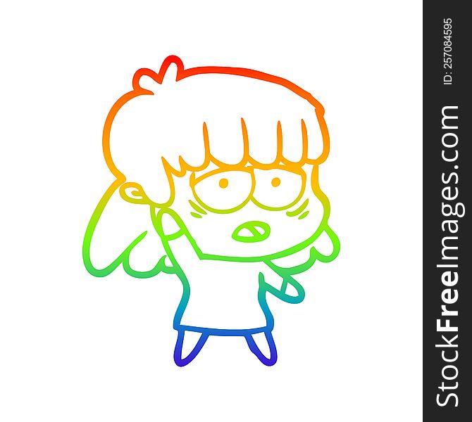 rainbow gradient line drawing of a cartoon tired woman waving