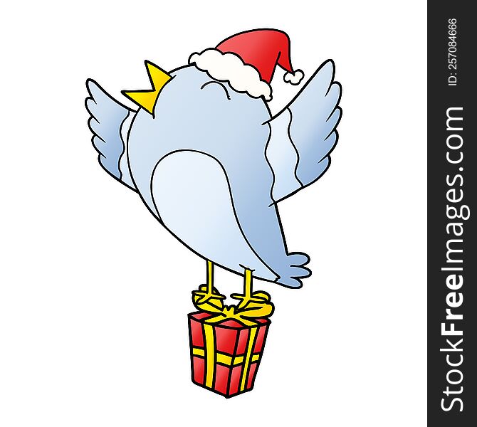 hand drawn gradient cartoon of a bird wearing santa hat