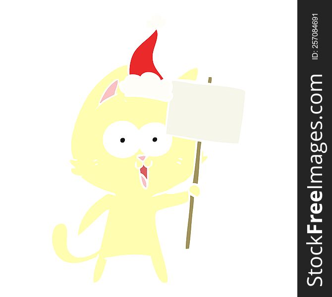 funny hand drawn flat color illustration of a cat with sign wearing santa hat