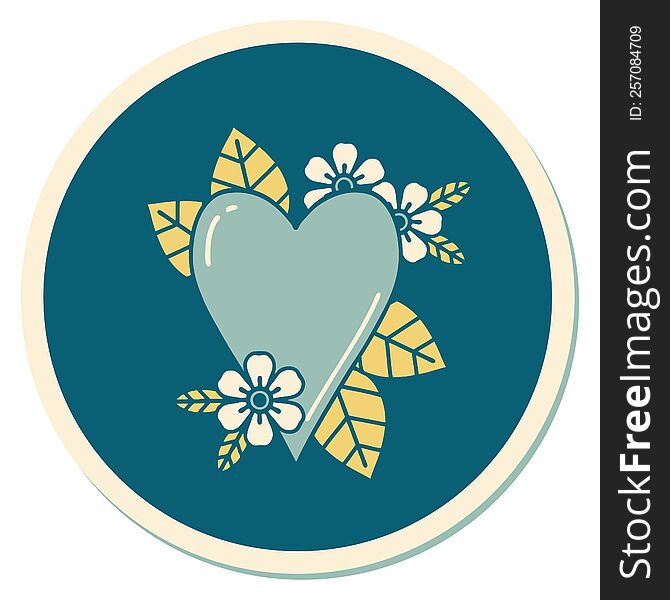 sticker of tattoo in traditional style of a botanical heart. sticker of tattoo in traditional style of a botanical heart