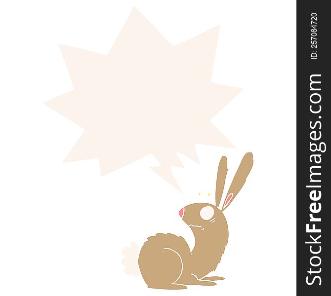 cartoon startled bunny rabbit with speech bubble in retro style