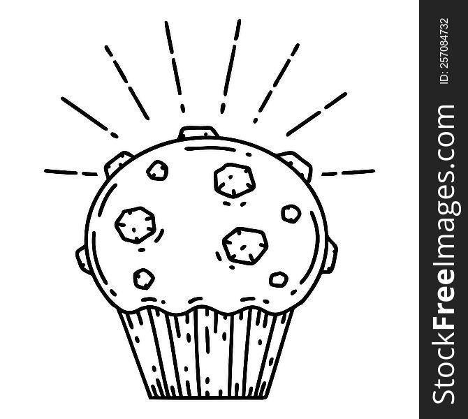 illustration of a traditional black line work tattoo style chocolate muffin