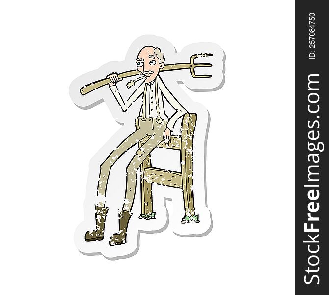 retro distressed sticker of a cartoon old farmer leaning on fence