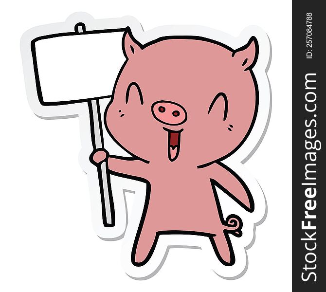 Sticker Of A Happy Cartoon Pig With Sign Post