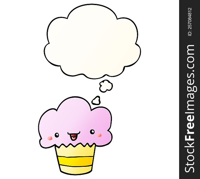 Cartoon Cupcake With Face And Thought Bubble In Smooth Gradient Style