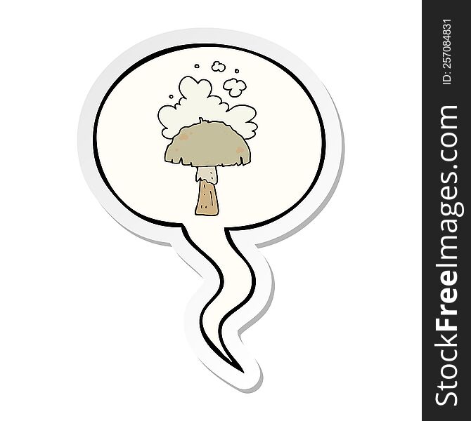 cartoon mushroom with spore cloud with speech bubble sticker. cartoon mushroom with spore cloud with speech bubble sticker
