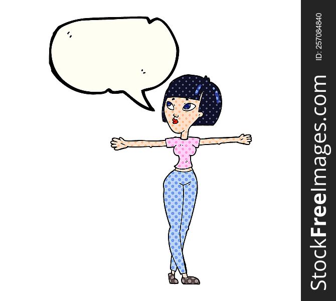 freehand drawn comic book speech bubble cartoon woman spreading arms