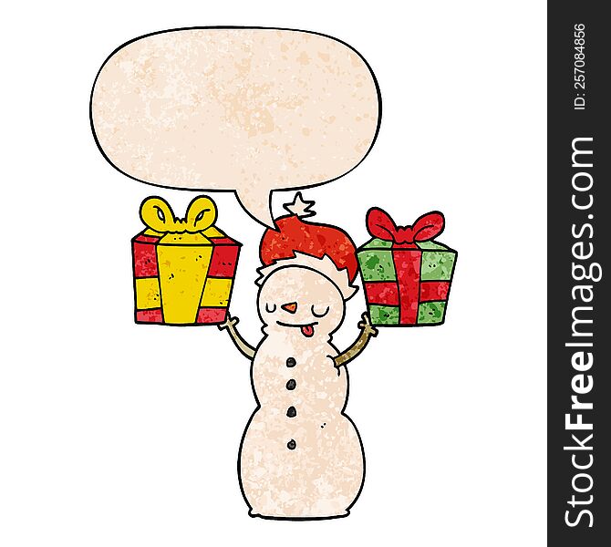 Cartoon Snowman And Present And Speech Bubble In Retro Texture Style