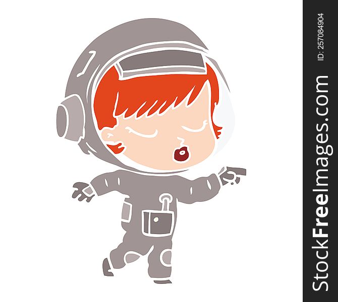 Flat Color Style Cartoon Pretty Astronaut Girl Pointing