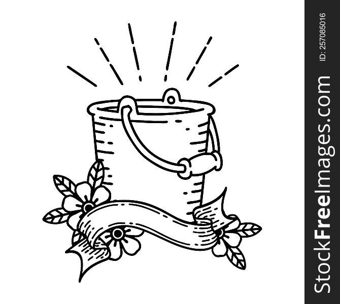 scroll banner with black line work tattoo style bucket of water