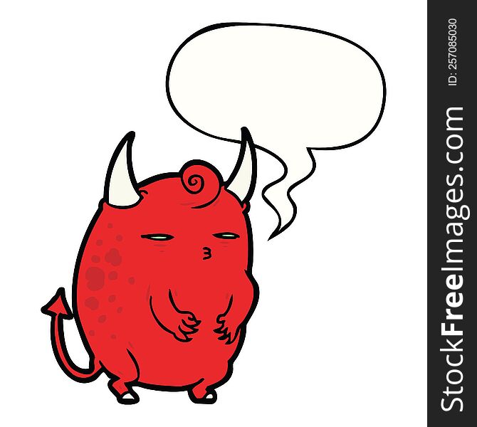 cartoon fat little halloween devil with speech bubble