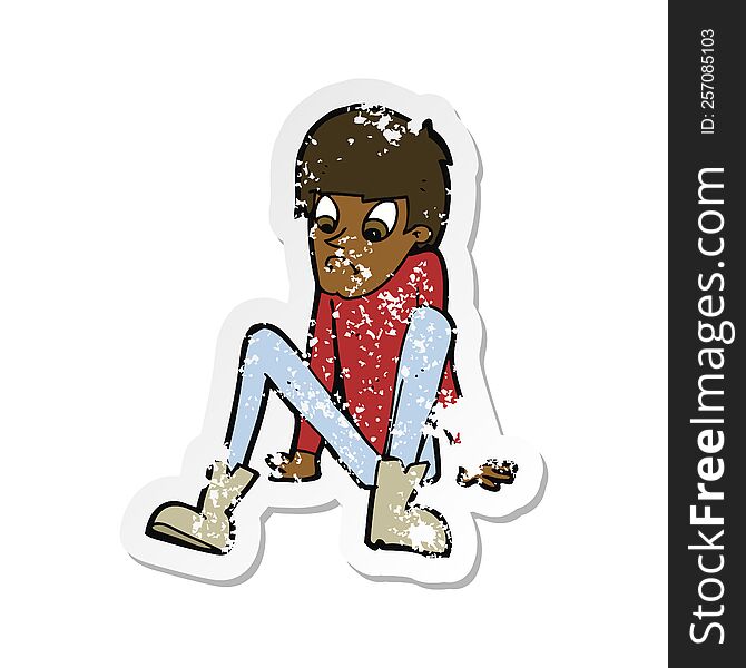 retro distressed sticker of a cartoon boy sitting on floor