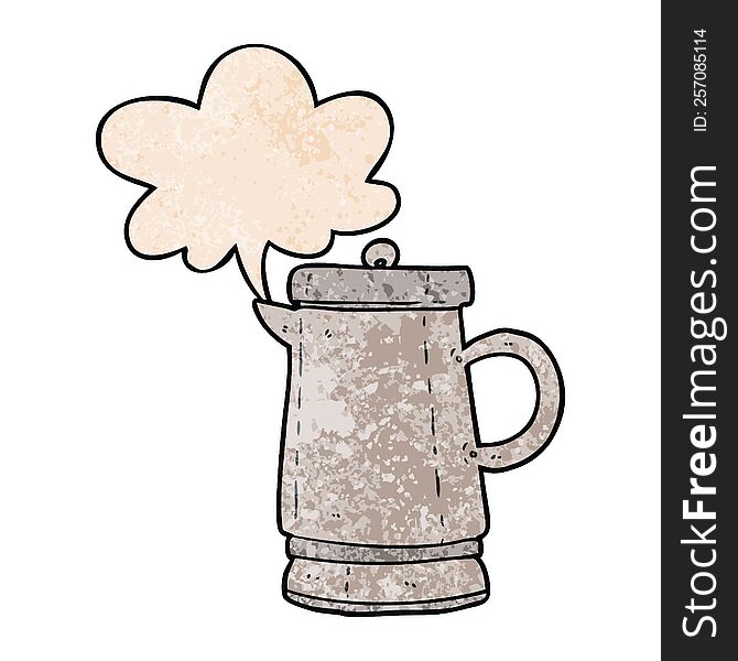 cartoon old metal kettle with speech bubble in retro texture style