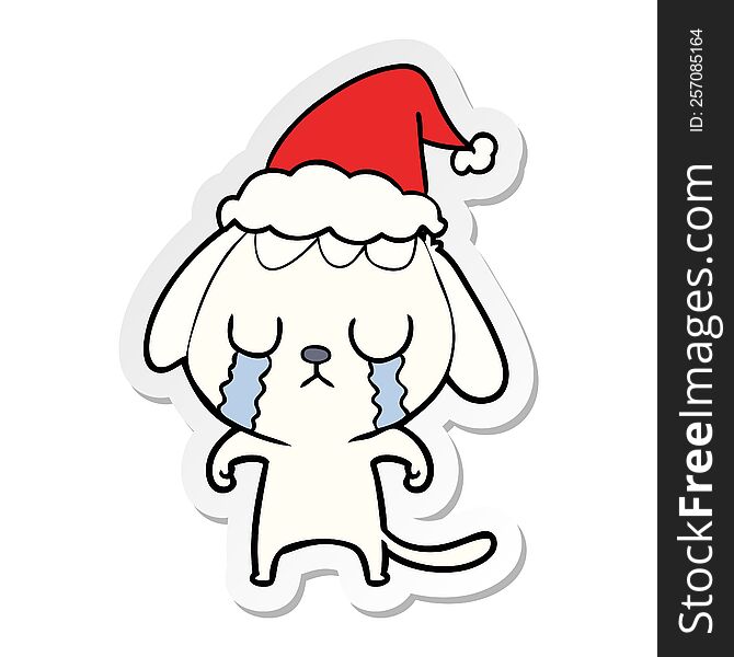 Cute Sticker Cartoon Of A Dog Crying Wearing Santa Hat