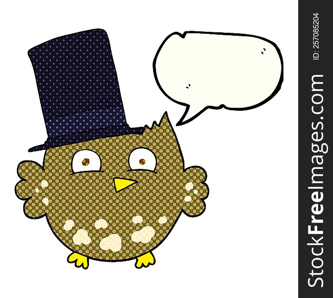freehand drawn comic book speech bubble cartoon little owl with top hat