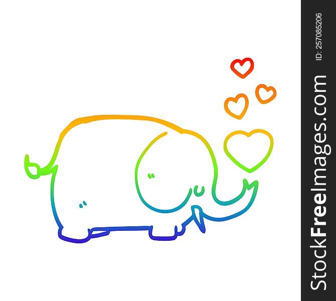 rainbow gradient line drawing of a cute cartoon elephant with love hearts