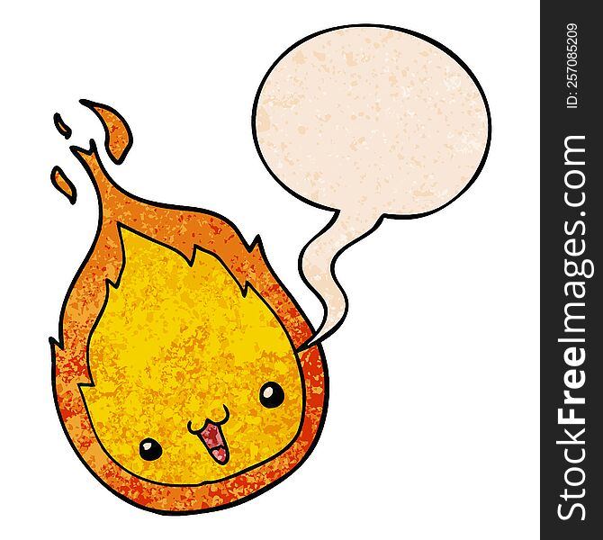 cute cartoon flame with speech bubble in retro texture style
