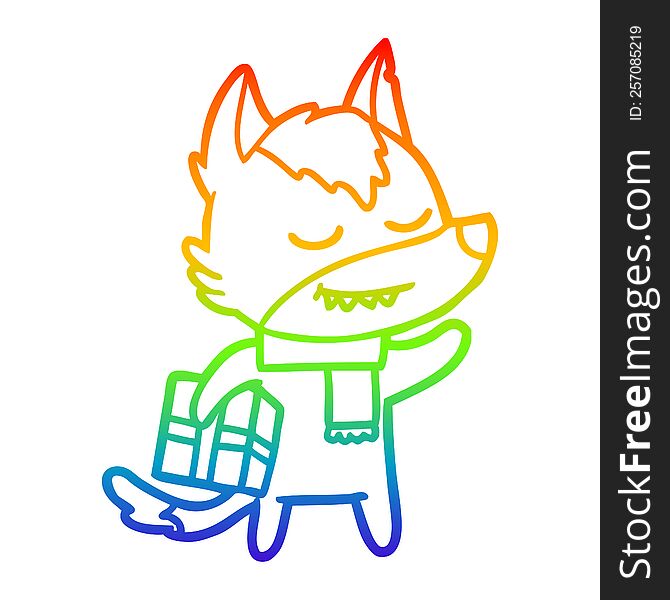 Rainbow Gradient Line Drawing Friendly Cartoon Wolf Carrying Christmas Present