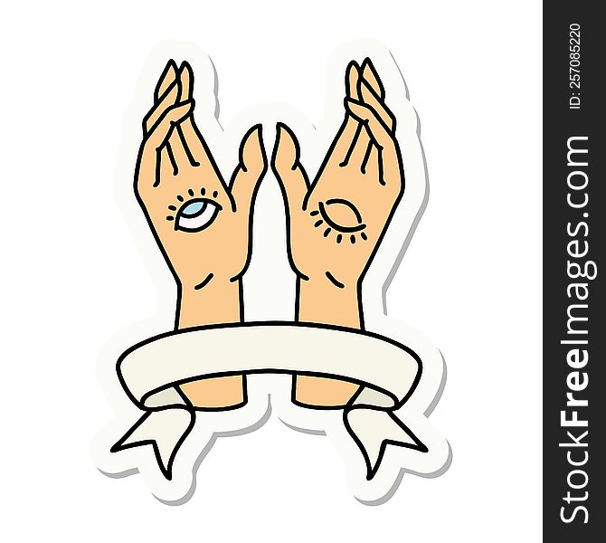 tattoo sticker with banner of mystic hands