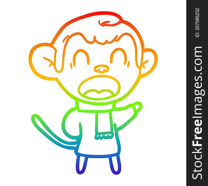 Rainbow Gradient Line Drawing Shouting Cartoon Monkey Wearing Scarf