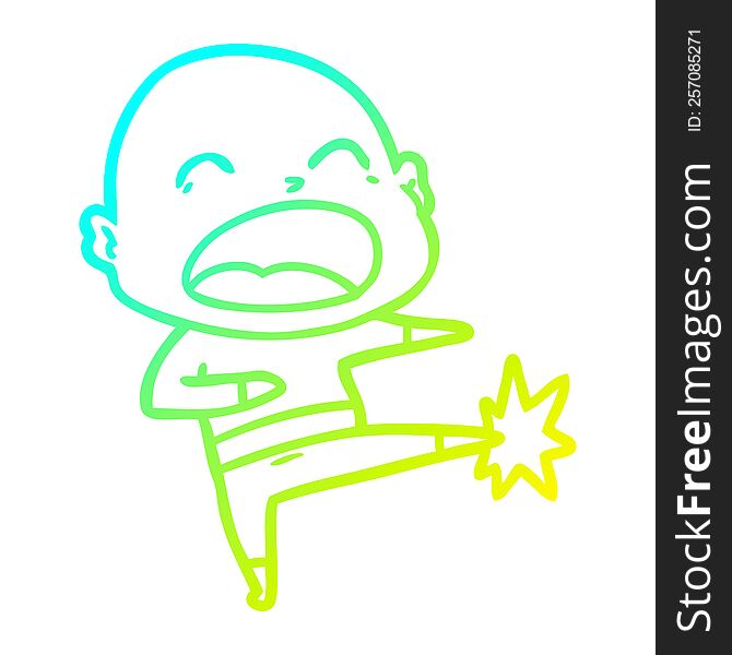 cold gradient line drawing of a cartoon bald man kicking