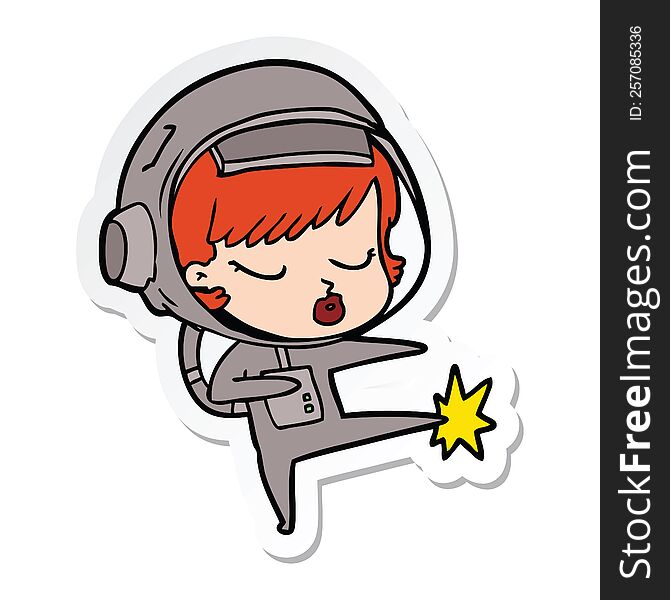 sticker of a cartoon pretty astronaut girl karate kicking
