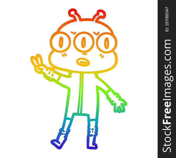 Rainbow Gradient Line Drawing Cartoon Three Eyed Alien Waving