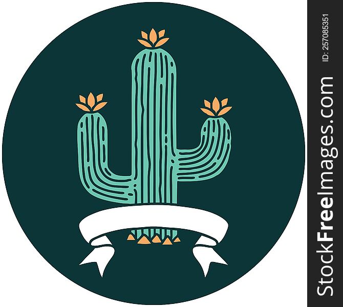 tattoo style icon with banner of a cactus