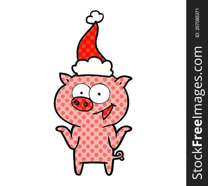 Comic Book Style Illustration Of A Pig With No Worries Wearing Santa Hat