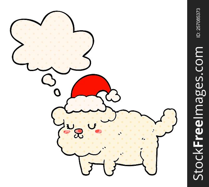 cute christmas dog with thought bubble in comic book style