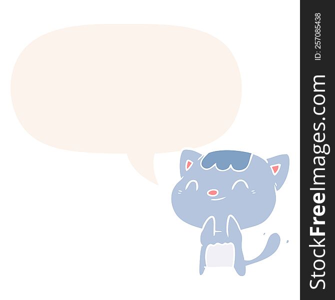 Cute Cartoon Happy Little Cat And Speech Bubble In Retro Style