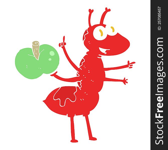flat color illustration of ant with apple. flat color illustration of ant with apple
