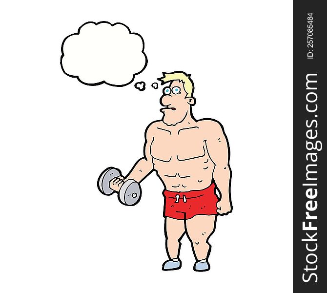 cartoon man lifting weights with thought bubble