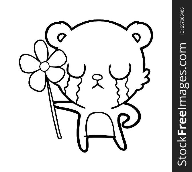 crying cartoon bear with flower. crying cartoon bear with flower