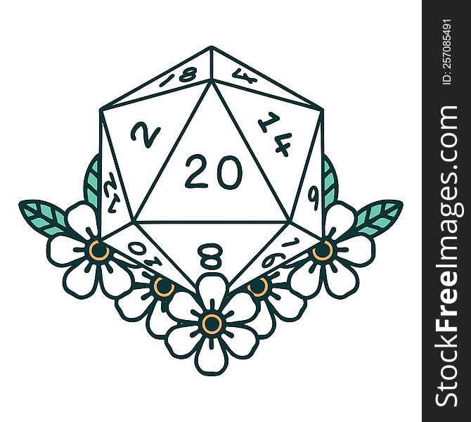 natural 20 D20 dice roll with floral elements illustration