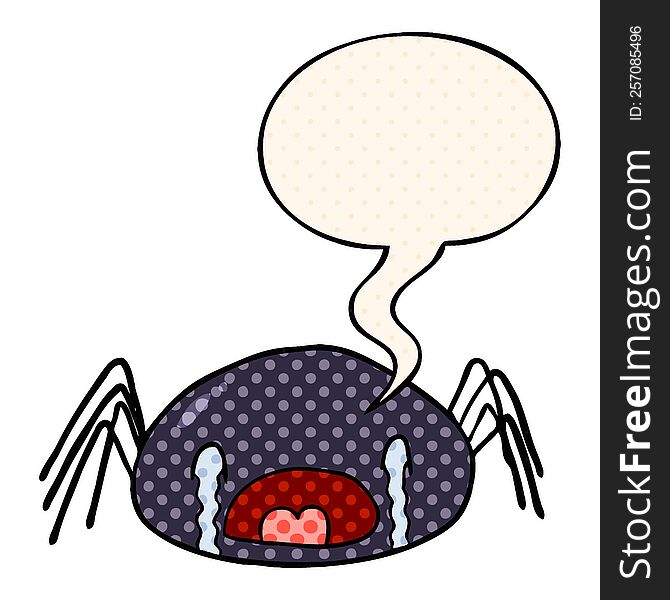 cartoon halloween spider crying with speech bubble in comic book style