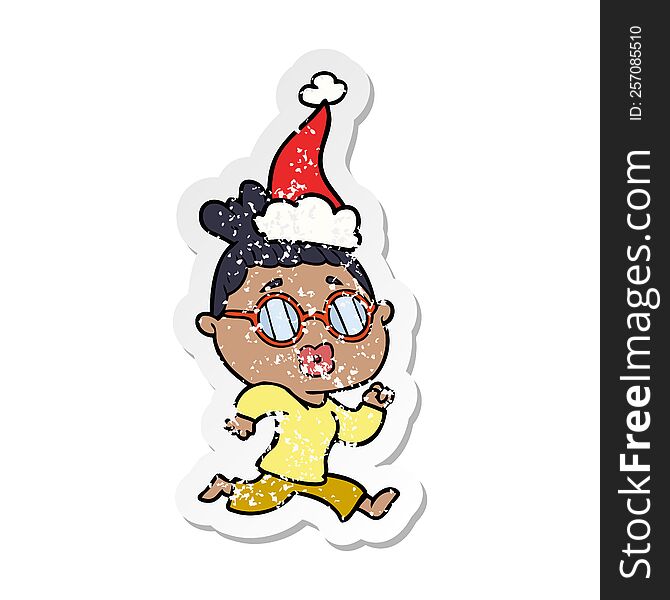 Distressed Sticker Cartoon Of A Woman Wearing Spectacles Wearing Santa Hat