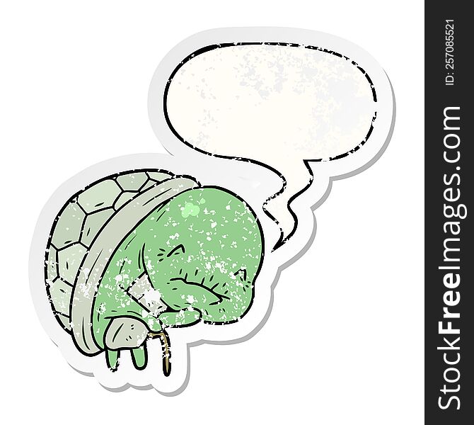 cute cartoon old turtle and walking stick and speech bubble distressed sticker