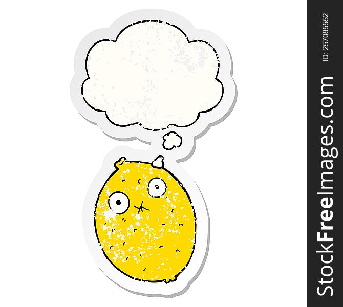 cartoon bitter lemon with thought bubble as a distressed worn sticker